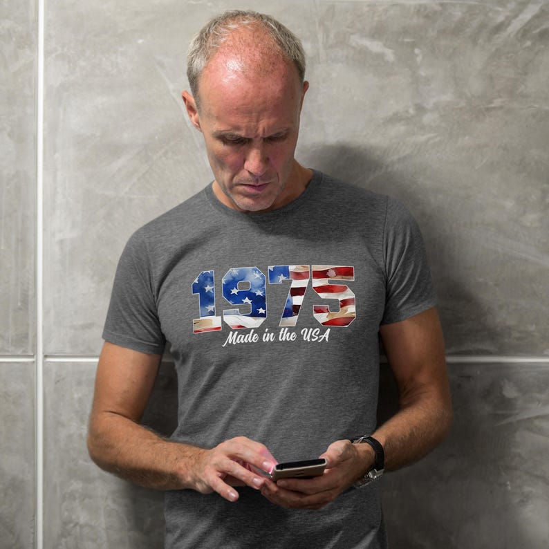 1975 Made in the USA shirt with flag numbers, dark heather grey tee, 50th birthday gift for patriotic men