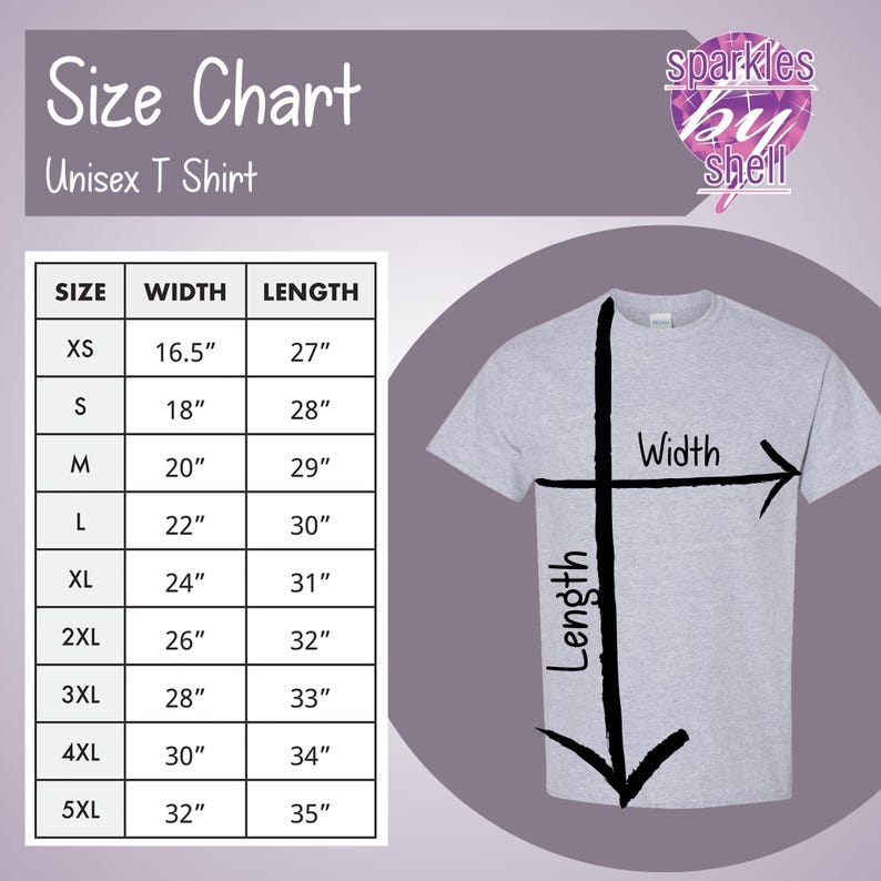 K&ouml;nnte beinhalten: Hellgraues Unisex-T-Shirt mit Gr&ouml;&szlig;entabelle. Die Tabelle listet die Gr&ouml;&szlig;en XS bis 5XL mit Breiten- und L&auml;ngenma&szlig;en in Zoll auf. Das Bild enth&auml;lt auch den Text "sparkles by shell".