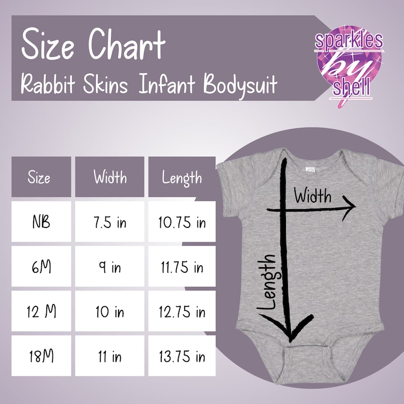 K&ouml;nnte beinhalten: Gr&ouml;&szlig;entabelle f&uuml;r Baby-Bodys von Rabbit Skins. Die Tabelle zeigt die Breite und L&auml;nge in Zoll f&uuml;r die Gr&ouml;&szlig;en NB, 6M, 12M und 18M.