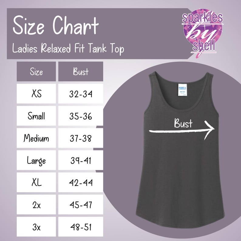 K&ouml;nnte beinhalten: Gr&ouml;&szlig;entabelle f&uuml;r ein locker sitzendes Tanktop mit Brustweitenangaben in Zoll. Die Gr&ouml;&szlig;en umfassen XS, S, M, L, XL, 2X und 3X.