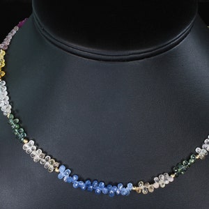 Handmade multi colored briolette sapphire necklace, rainbow of colors, 19”, Mother Nature rocks!