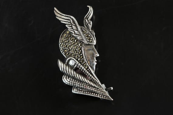 Vintage Hermes sterling silver and marcasite pin,  brooch unique statement estate jewelry, god of travel and wealth, messenger of the gods