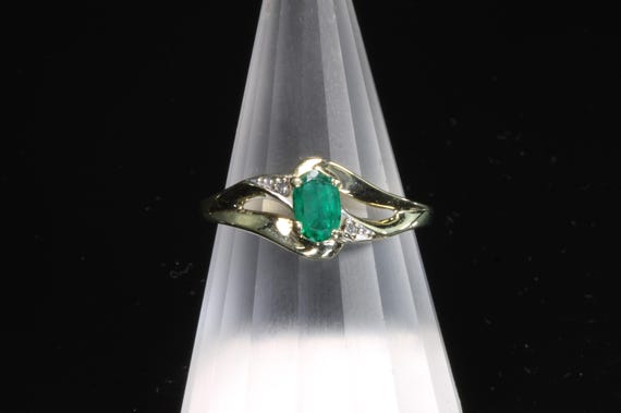 Dainty vintage 10K yellow gold emerald and diamond ring size 7.25, May birthstone, feminine jewelry