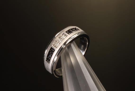 Vintage black and white diamond 10K white gold band, masculine jewelry, *size 10 only*, statement jewelry, stackable ring, gift for him