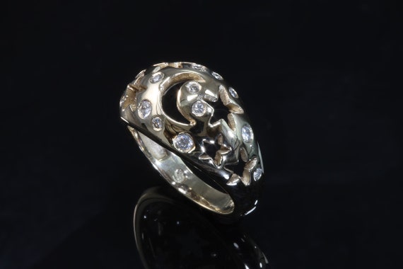 Handmade star and moon 14K yellow gold ring with .30 ctw diamonds, stardust, reach for the stars! wish upon a star