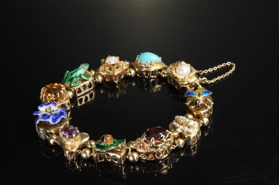 Spectacular! Victorian charm bracelet, 14K gold, multi gemstone and enamel