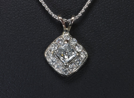 Vintage 14K white gold princess cut diamond center pendant with diamond halo, .82 ctw, 18" chain included, Valentines Day gift