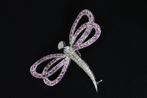 Vintage dragonfly brooch, 18K white gold, diamonds, pink sapphires, beautiful bug, gift for her, Mother's Day gift idea