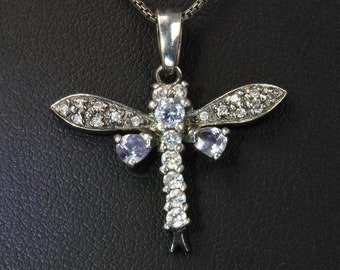 Vintage Sterling Silver Dragonfly Pendant with Cubic Zirconias