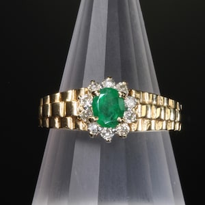 Vintage 14K yellow gold, emerald and diamond ring, mid century,  May birthstone, gift for her, estate statement jewelry