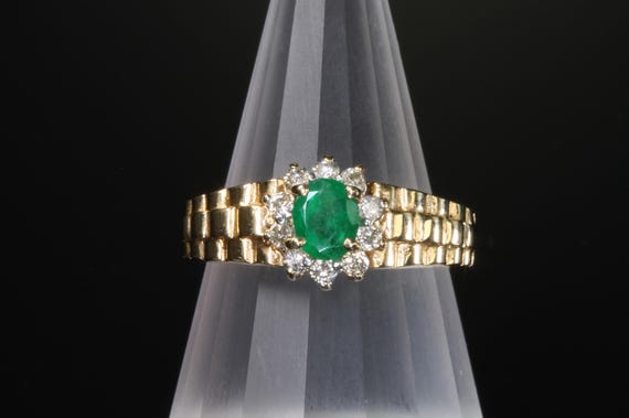Vintage 14K yellow gold, emerald and diamond ring, mid century,  May birthstone, gift for her, estate statement jewelry