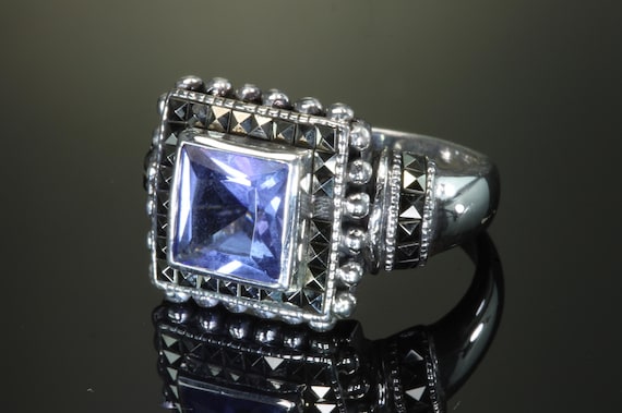Vintage marcasite, sterling silver and violet blue gemstone ring