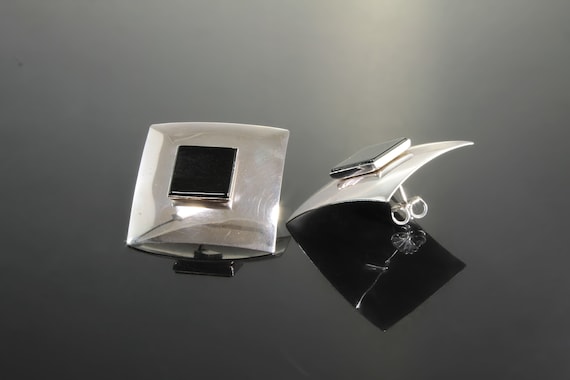 Vintage big square sterling silver and black onyx earring, Mother's day gift, mod, stylish, retro