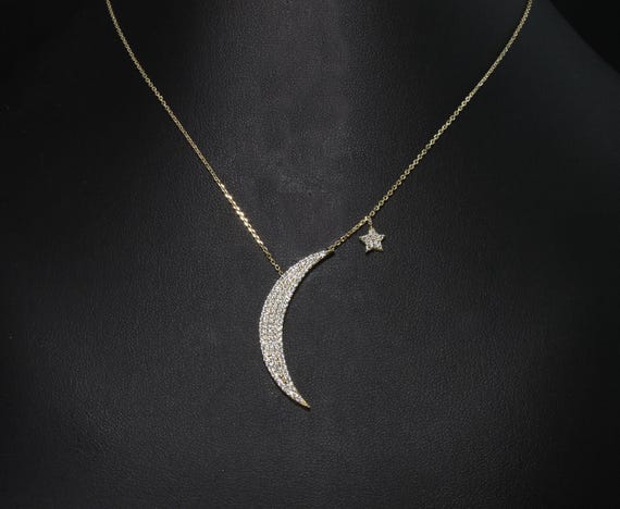 Vintage sterling silver vermail and pavé cz crescent moon and star necklace, celestial jewelry, night sky, sparkly gift for star gazer, 16"