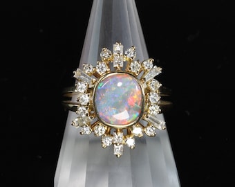 ¡Vaya! Anillo de cóctel vintage de oro amarillo de 18 quilates con diamantes y ópalo en forma de estrella, un lujo espectacular, una idea de regalo, talla 8,25