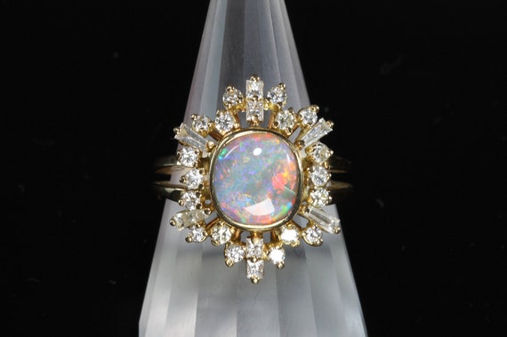 Vintage starburst opal diamond 18K yellow gold cocktail ring, over the top, luxury, October birthstone, gift idea, size 8.25  Wow!