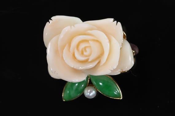 Rare find! Vintage Angel skin coral carved rose 14K yellow gold brooch/pearl enhancer , jadeite leaves, pearl