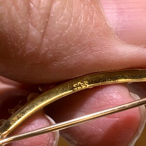 May include: A gold-toned brooch with a curved design and a pin closure. The back of the brooch is marked with the number "585".