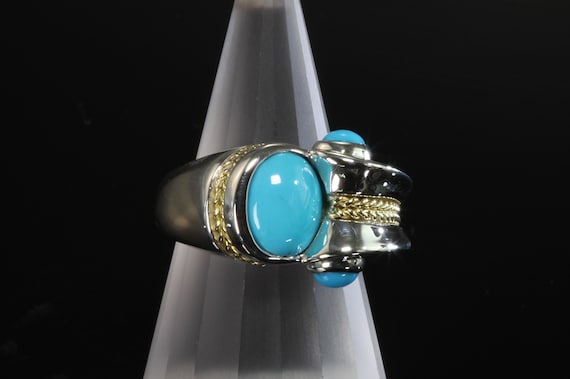 Handmade sterling silver, 18K yellow gold and American mined blue turquoise ring,