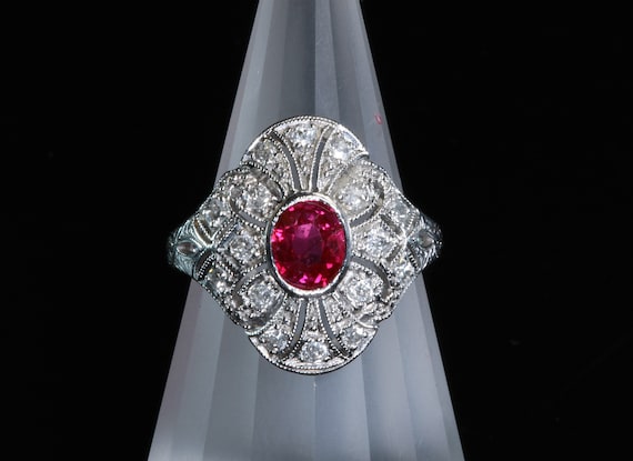 Vintage 18KW gold ruby and diamond ring, romantic, 1940s, feminine, statement jewelry, Art Deco