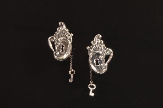 Vintage 1950s Margot de Taxco sterling silver clip on earrings, key, key hole, ornate, collectible jewelry, Mother's day gift