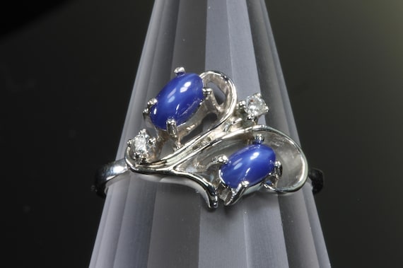 Vintage asymmetrical 10K white gold star sapphire and diamond ring, feminine, dainty jewelry, gift for her