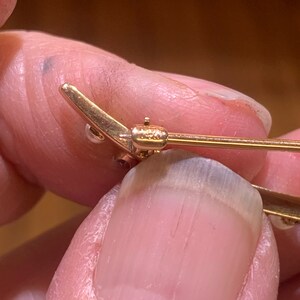 May include: Close-up of a gold-toned brooch with a pearl and a red stone. The brooch has a safety pin closure.