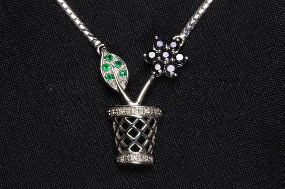 Gardener's gift! 14K white gold diamond, sapphire and emerald flower pot necklace, Mother's Day gift, flower power!