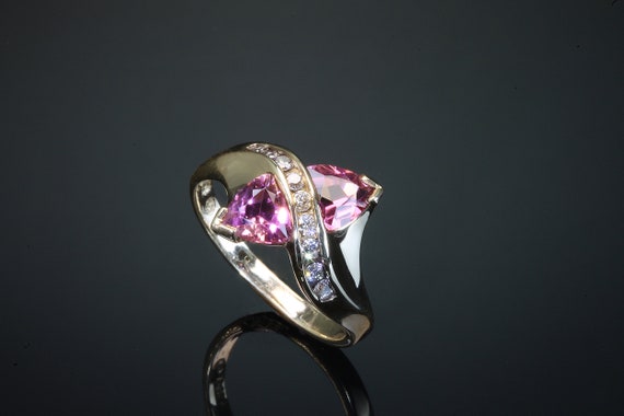 Handmade trillion pink tourmaline and diamond ring, colorful, sparkly, Octobers other birthstone, gift for her
