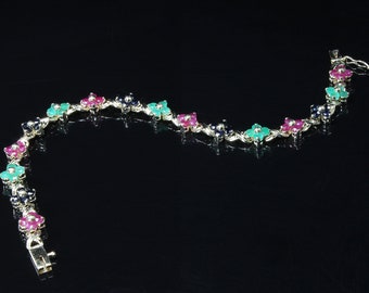 Vintage 14K yellow gold emerald, sapphire and ruby floral woman's bracelet, precious gemstones , flower power, gift for her