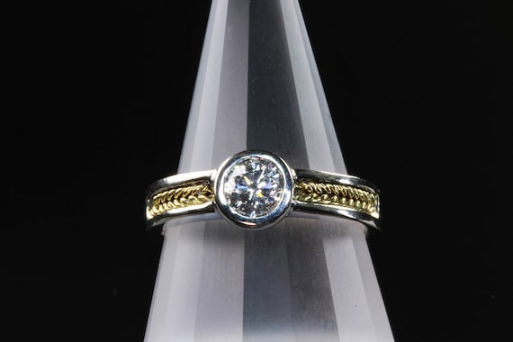 Handmade Engagement Ring, .57ct round diamond 14K white gold and 18K yellow gold unisex wedding jewelry