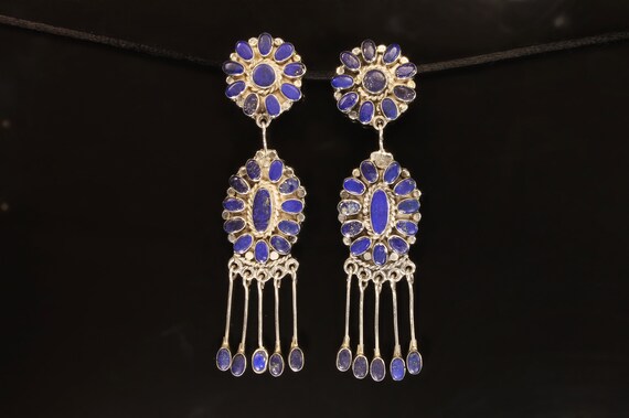 Vintage Federico Jimenez sterling silver & lapis lazuli shoulder duster earrings, show stoppers, eye catching southwestern artisan jewelry