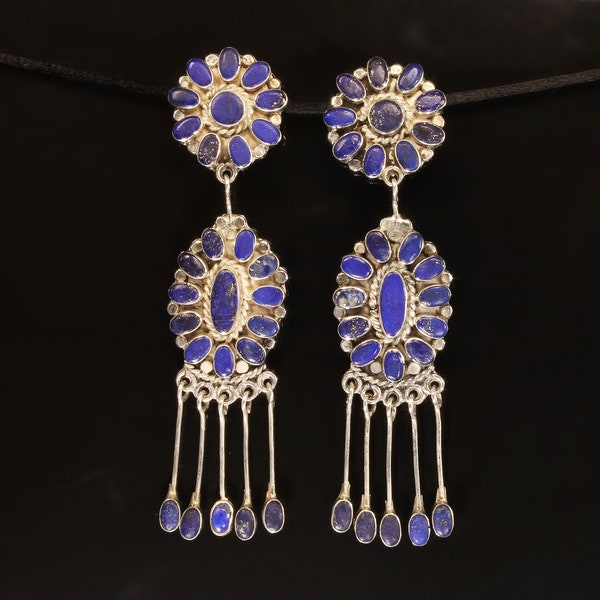 Vintage Federico Jimenez sterling silver & lapis lazuli shoulder duster earrings, show stoppers, eye catching southwestern artisan jewelry