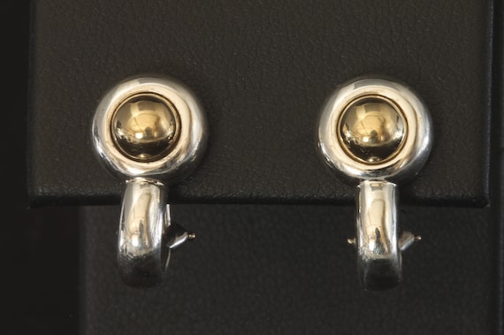 Vintage Spratling hallmarked sterling silver and 18K yellow gold ball half hoop earrings, collectible estate jewelry, everyday wear