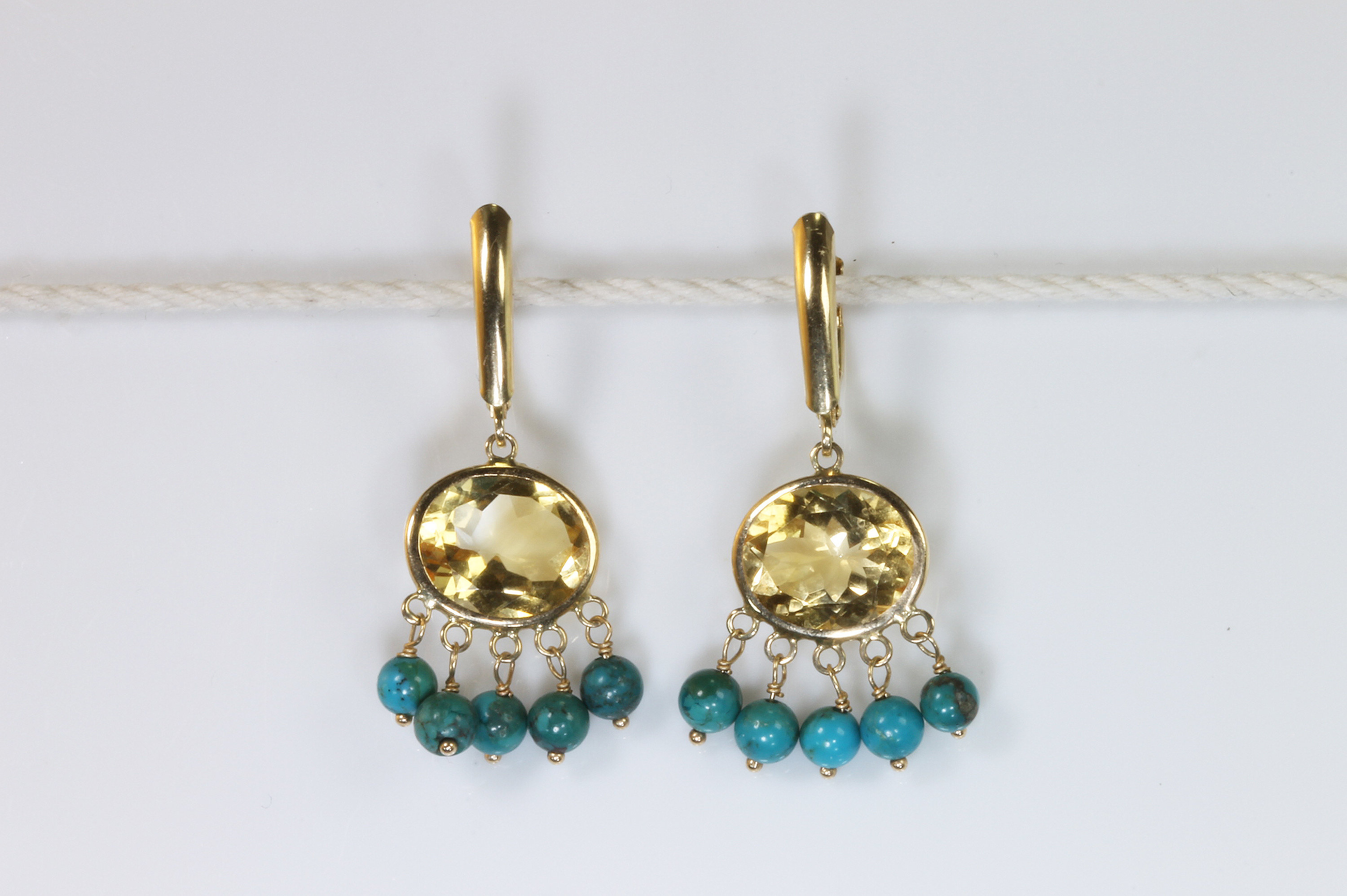 Vintage Ross Simons 14K yellow gold citrine and turquoise drop earrings