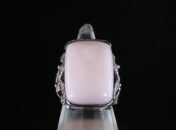 Big Pink Marshmallow! Peruvian pink opal sterling silver and pink crystal ring size 7.5