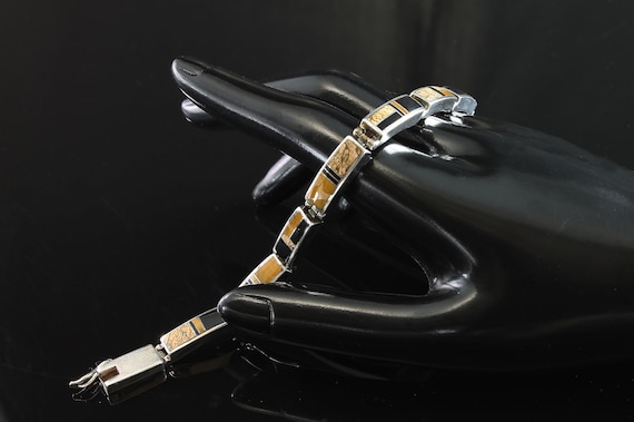 Vintage David Rosales sterling silver inlaid stone link bracelet