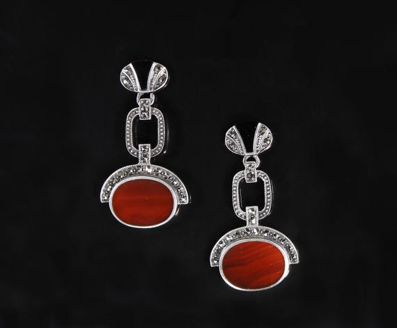 Vintage Art Deco style sterling silver marcasite agate black onyx drop dangle earrings, fall fashion, statement jewelry, gift for her