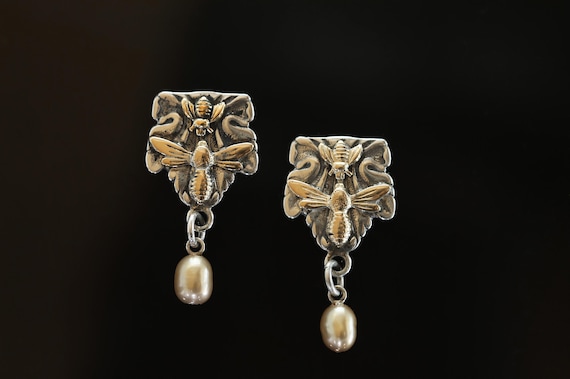 Vintage Steven Stamas sterling silver and 14K gold filled bee and honey drop earrings, fresh water pearl,  feminine, Mother's Day gift