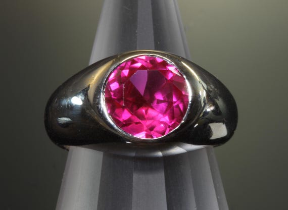 Vintage 10K white gold and large lab created ruby, masculine, suave, chic fashion, anyone can wear statement jewelry, size 7 only