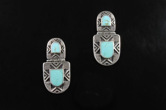 Vintage Preciv sterling silver and inlaid turquoise earrings, ornate Art deco style design, great gift idea for her, southwestern flair