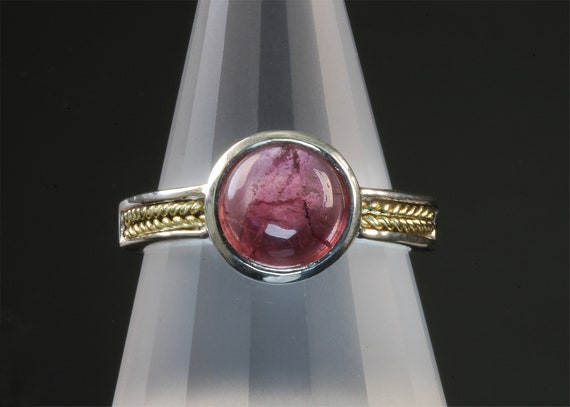 Handmade  Sterling Silver and 18K Yellow Gold, pink tourmaline cabochon ring, October’s other birthstone, one-of-a-kind mesmerizing gemstone