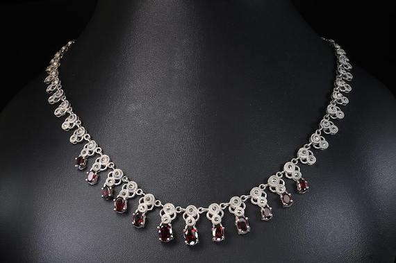 Vintage marcasite garnet sterling silver necklace, 20.5"