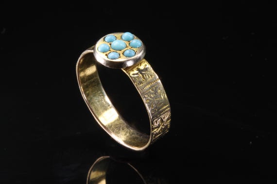 Antique Victorian era style 18K yellow gold ring with turquoise cabochons circa 1908 size 10.25 only