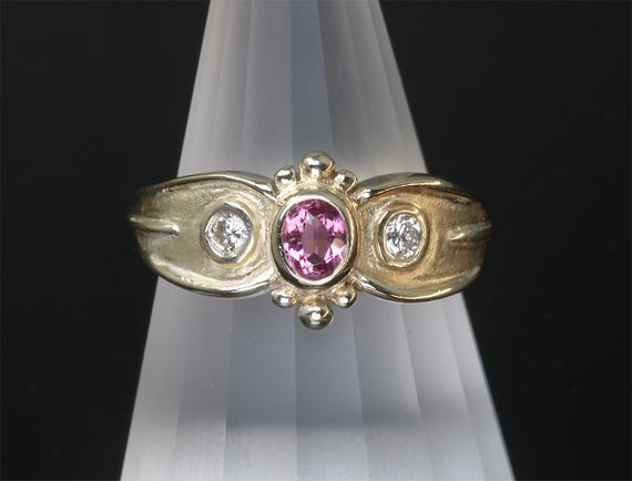 Our handmade pink tourmaline and diamond 14K yellow gold ring, October birthstone, side diamonds, Princess ring, great gift idea