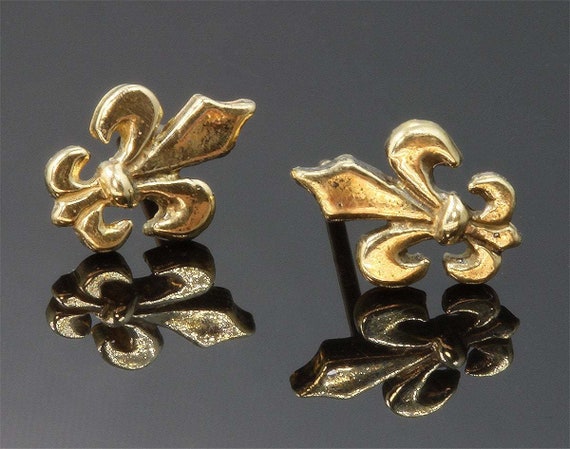 Handmade Stud 14K Yellow Gold Fleur De Lis Earrings, flower lily royalty French feminine gift for her