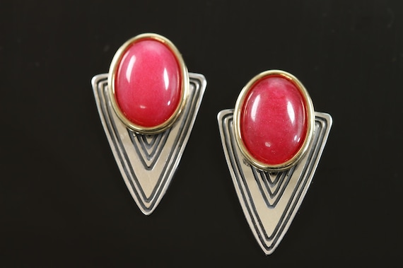 Vintage Steven Stamas sterling silver and cherry quartz earrings, geometric colorful ear candy, gift for her, collectible jewelry