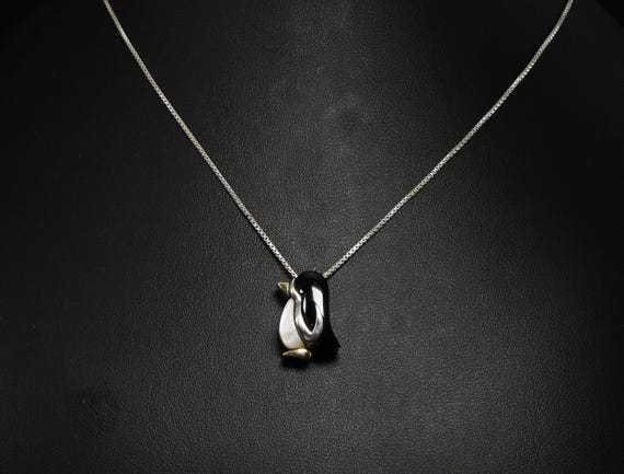 Vintage sterling silver, 14K yellow gold, mother of pearl and black onyx penguin pendant with 18" sterling box chain, great gift idea