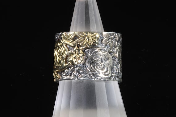 Vintage wide 14.5mm Sterling Silver and 14K yellow gold floral band, size 7 only, ornate statement estate jewelry, made in Isreal