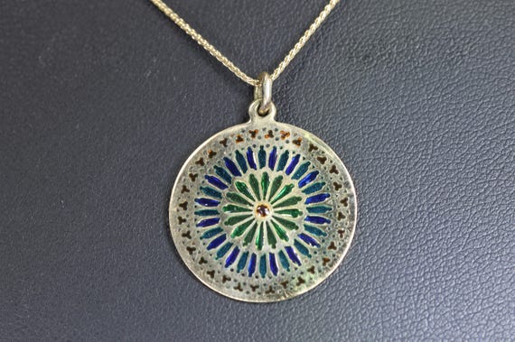 Vintage Plique a jour enamel 18K yellow gold Rose window pendant, chain not included